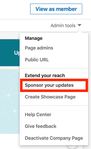 Så här skapar du LinkedIn-textannons, steg 1, sponsrar dina uppdateringar under Admin-verktyg