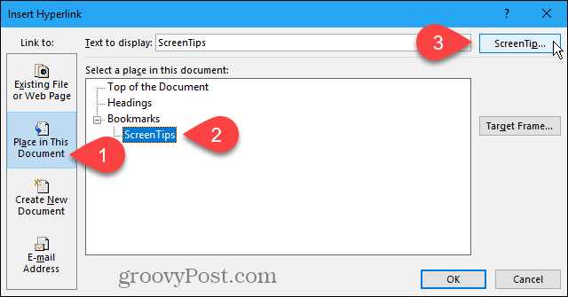 Klicka på ScreenTip i Infoga Hyperlink-dialogrutan i Word