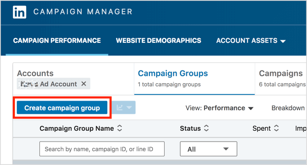 Klicka på knappen Skapa kampanjgrupp på fliken Kampanjgrupper i LinkedIn Campaign Manager.