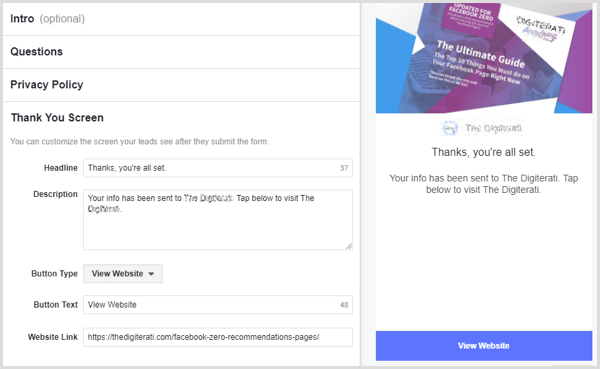 Facebook lead-annons tack skärm