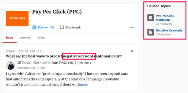 Exempel på Quora-sökresultat inklusive söktermen "PPC" och frasen "negativa sökord".