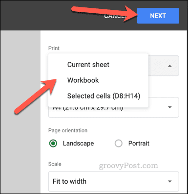 Välj utskriftsområde i Google Sheets