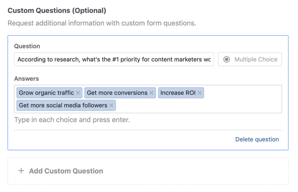 Exempel på frågor och svar för en fråga för en Facebook-annonskampanj.