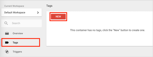 För att skapa en ny tagg i Google Tags Manager, klicka på alternativet Taggar i vänster sidofält och klicka sedan på knappen Ny.