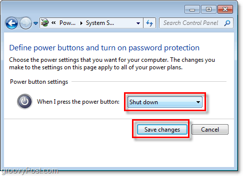 justera vad din avstängningsknapp för Windows 7 kommer att göra, klicka på spara ändringar för att avsluta