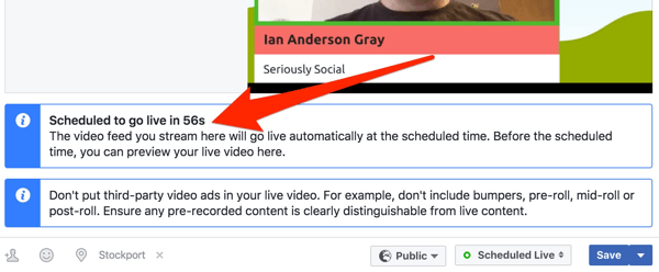 Facebook visar en nedräkningsklocka innan din direktsändning börjar.