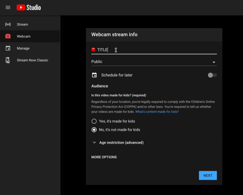 youtube studio gå live-menyn live-streaming instrumentpanel med information om webbkameran stream information redo att ställas in