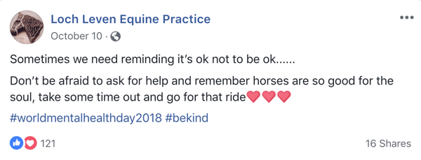 Exempel på Facebook-inlägg med emoji från Lock Leven Equine Practice.
