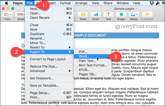 Fil> Exportera till> Word på sidor på Mac