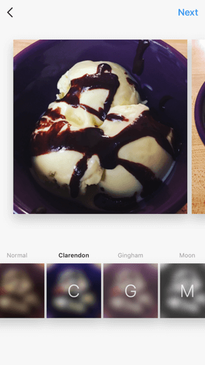 Du kan använda filter och redigera en bild individuellt, precis som med ett vanligt Instagram-inlägg.