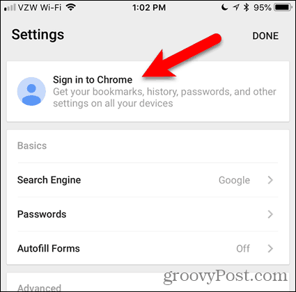 Klicka på Logga in på Chrome på iOS