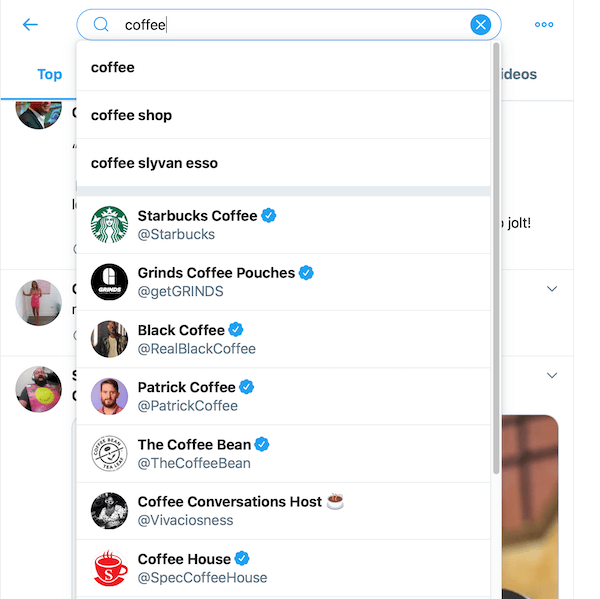 exempel på sökresultat från att söka kaffe i sökrutan för Twitter