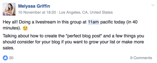 Entreprenören Melyssa Griffin meddelar sin publik när hon kommer att vara live på Facebook.