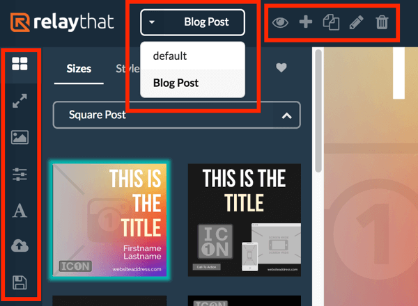 Använd den vänstra menyn för att visa olika layouter för ditt RelayThat-projekt och använd toppmenyn för att välja ditt projekt.