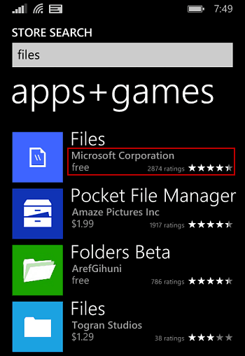 Filer Windows Phone 8.1