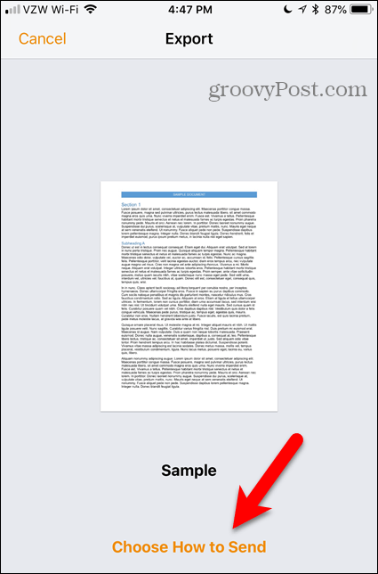Välj Hur du skickar länken i Sidor för iOS