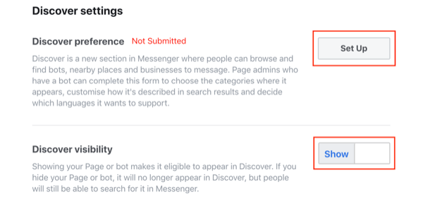 Skicka till Facebook Messenger-fliken Upptäck, steg 2.