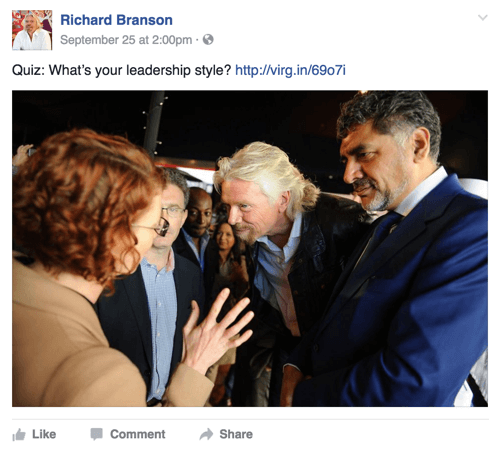 Richard Branson Facebook-inlägg med frågesport
