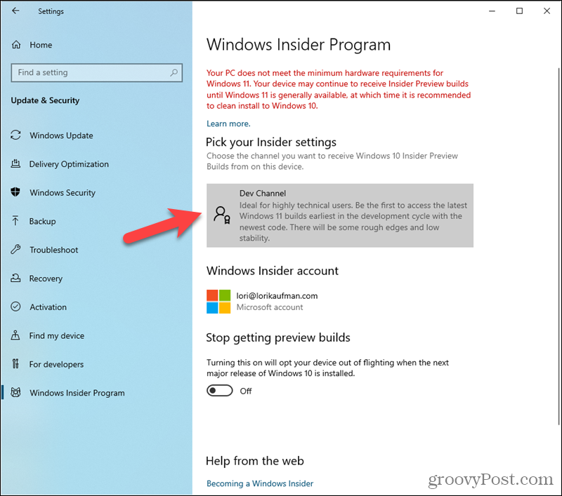 Utvecklarkanal inställd i Windows Insider-programinställningar