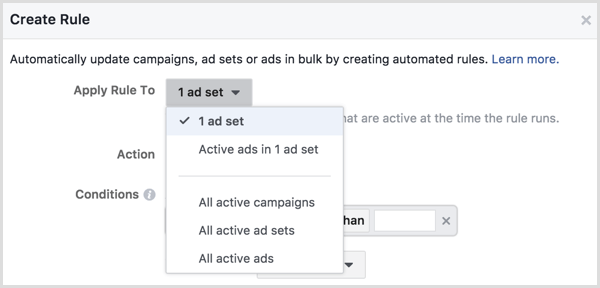 Facebook Ads Manager skapa regel