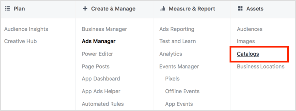 Klicka på länken Kataloger i kolumnen Tillgångar i Facebook Ads Manager.