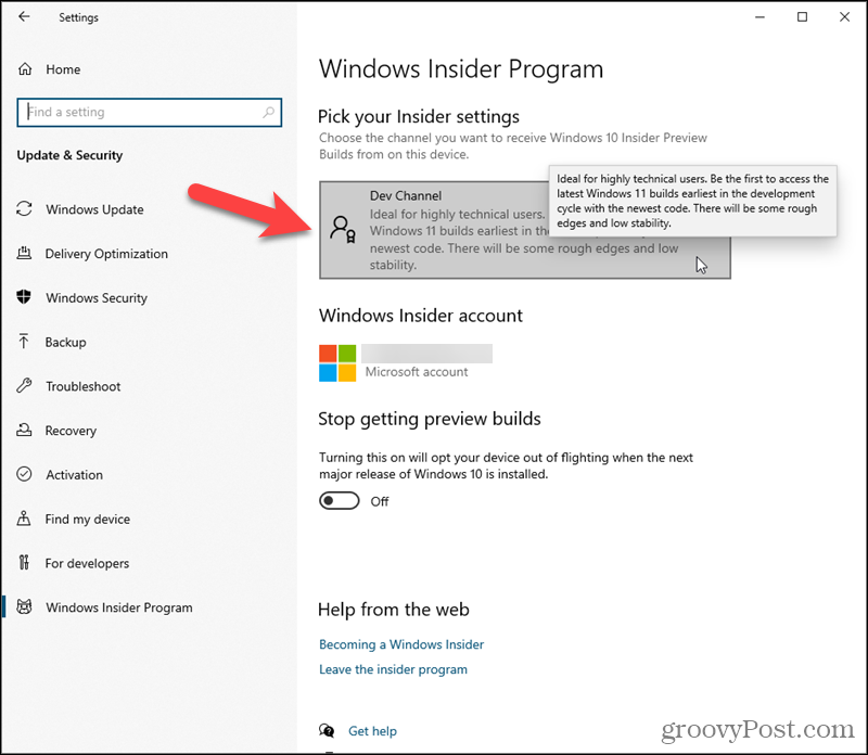 Klicka på Dev Channel under Välj dina Insider -inställningar i Windows 10