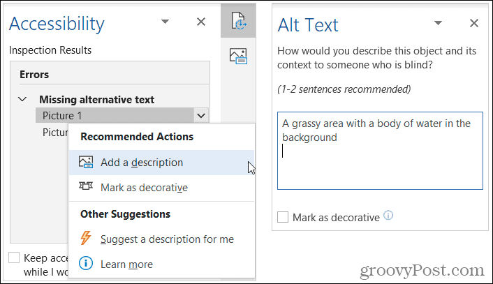 Lägg till beskrivande Alt-text i Word