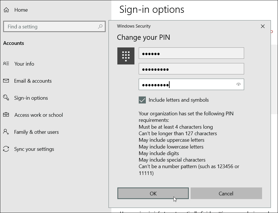 Krav på specialtecken-PIN Windows 10