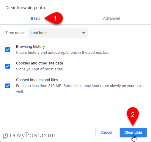 Grundläggande flik i dialogrutan Rensa webbdata i Chrome