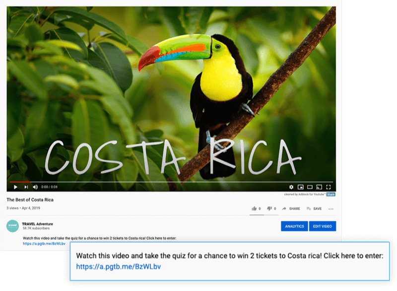 markerad youtube-videobeskrivning med ett erbjudande att titta på videon och ta frågesporten för en chans att vinna 2 biljett till Costa Rica