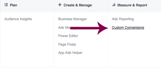 Navigera till anpassade konverteringar i Facebook Ads Manager.