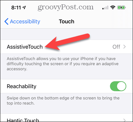 Tryck på AssistiveTouch i iPhone-inställningar för tillgänglighet