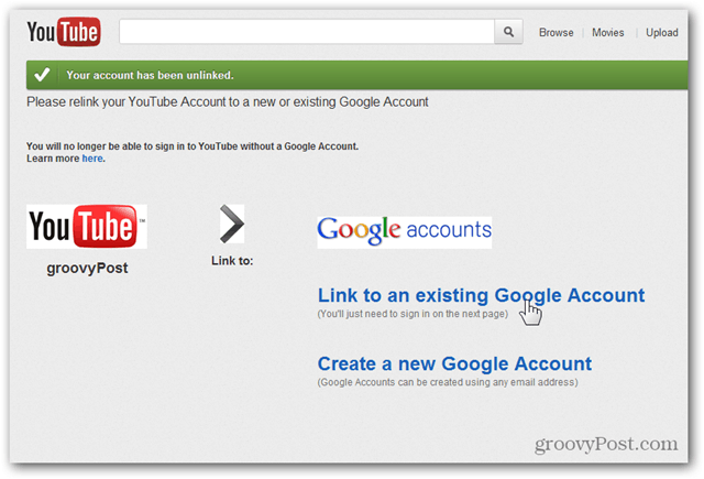 Länka ett YouTube-konto till ett nytt Google-konto - Klicka på Länk till befintligt konto
