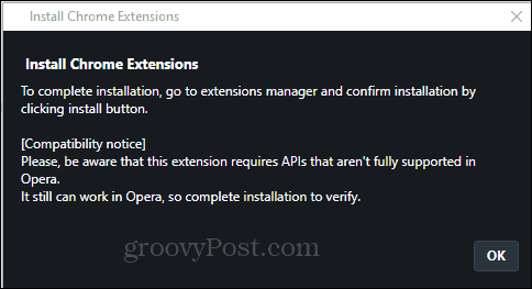 Bekräfta installation av Opera Install Chrome Extension