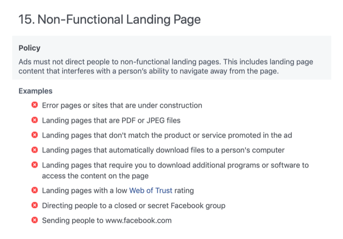 Icke-funktionell målsida i Facebooks annonseringspolicyer
