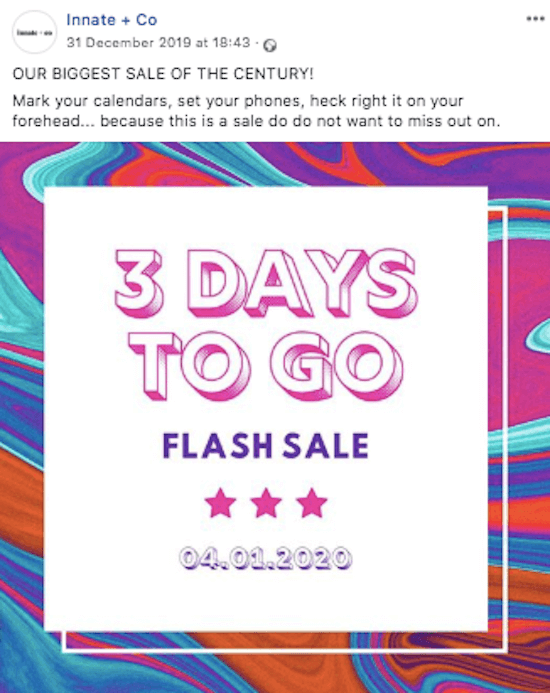 exempel på Facebook nedräkningspost för flash-försäljning