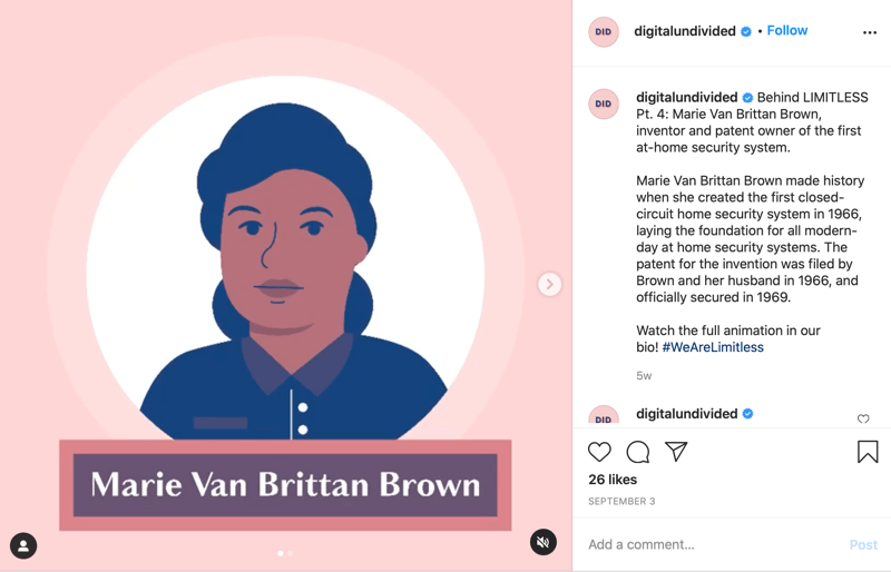 exempel på ett utdrag av mp4-inlägg som delas till instagram och markerar marie van brittan brown som pt. 4 i serien #wearelimitless