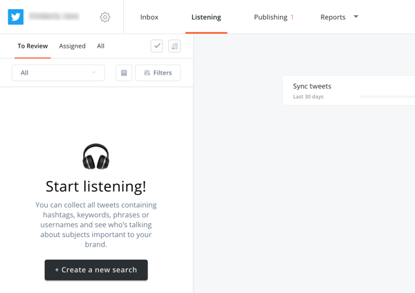 Hur man använder Agorapulse för att lyssna på sociala medier, steg 2 skapa ny sökning på lyssningsfliken.