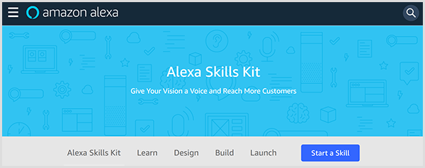 Webbplatsen Amazon Alexa Skills Kit introducerar verktyget och innehåller flikar där du kan lära dig, designa, bygga och starta en färdighet för Alexa. 