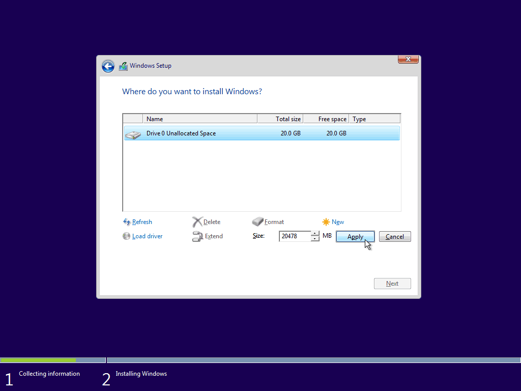 08 Använd maximalt tillgängligt utrymme Windows 10 Clean Install