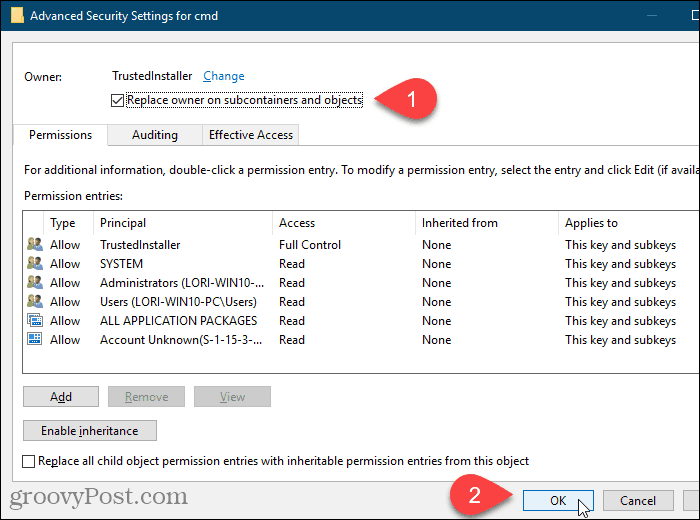 Markera rutan Ersätt ägare på underbehållare och objekt i dialogrutan Avancerade säkerhetsinställningar i Windows-registerredigeraren
