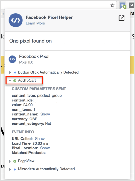 Facebook Pixel Helper-pluginresultat på sidan Lägg till varukorg