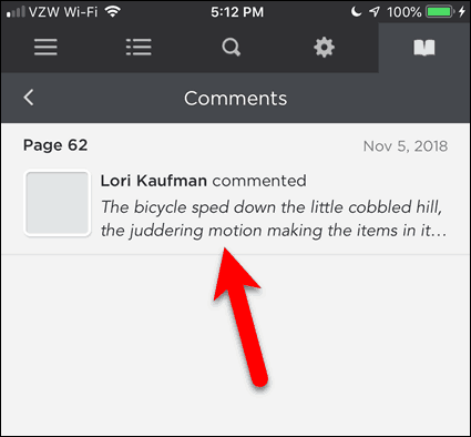 Klicka på en kommentar i BookFusion för iOS
