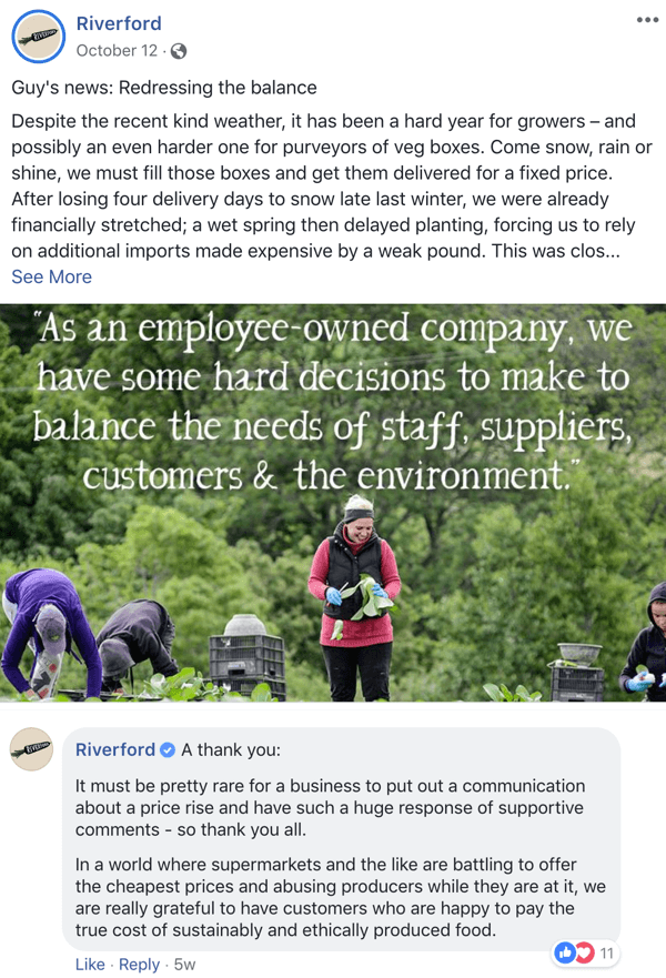 Exempel på ett Facebook-inlägg som stöder engagemang från Riverford.