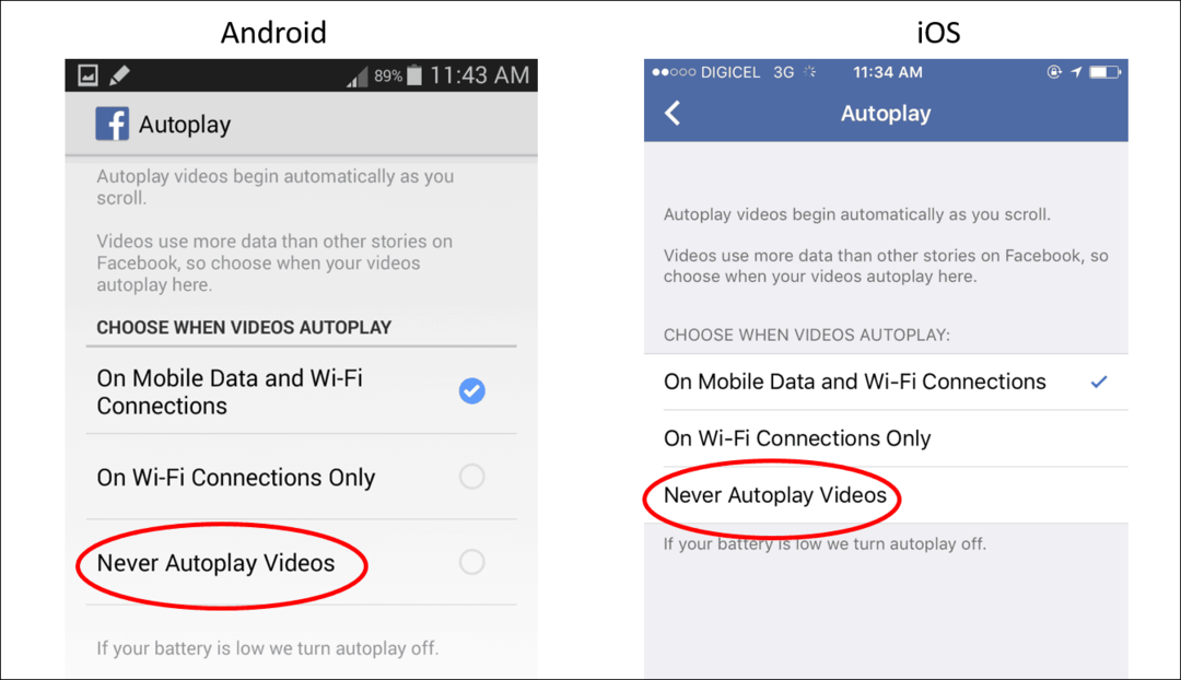 Inaktivera automatisk uppspelning av videor på mobila enheter för att spara data