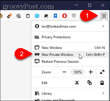 Välj Nytt privat fönster i Firefox för Windows