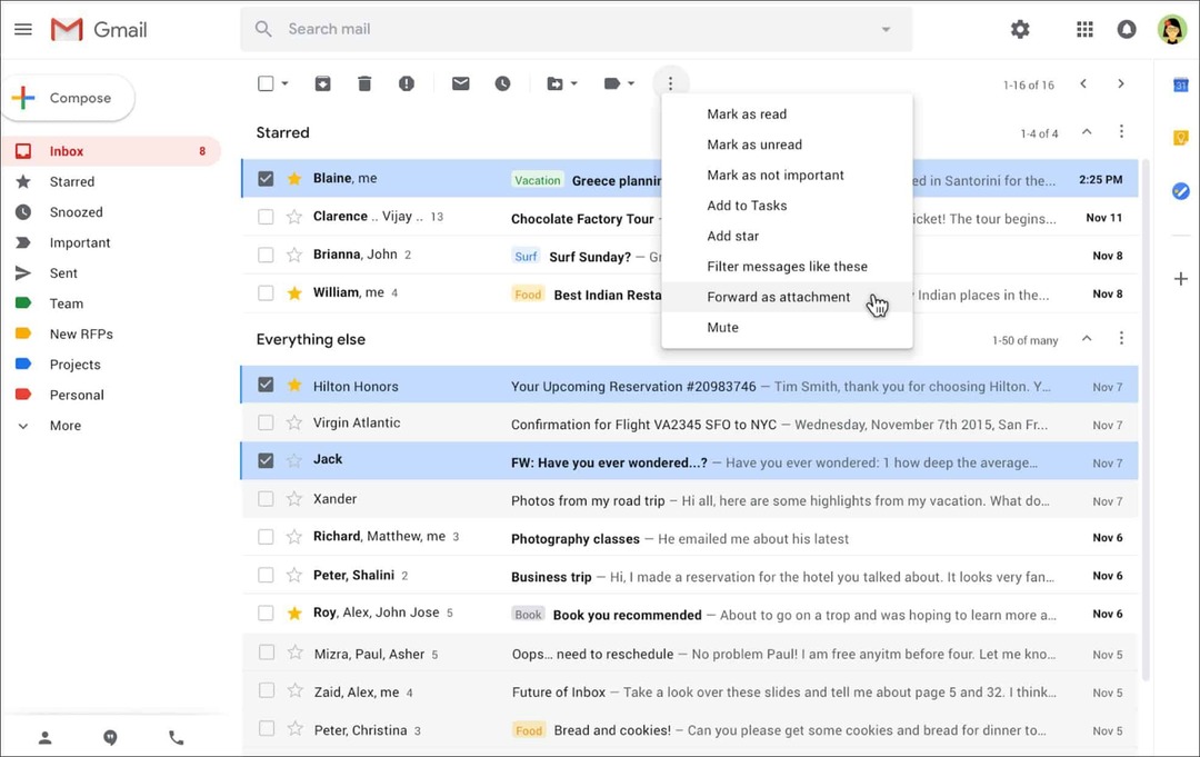 Google tillåter att skicka e-postmeddelanden som bilagor i Gmail