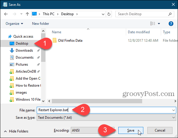 Spara en batchfil på skrivbordet i Notepad i Windows 10