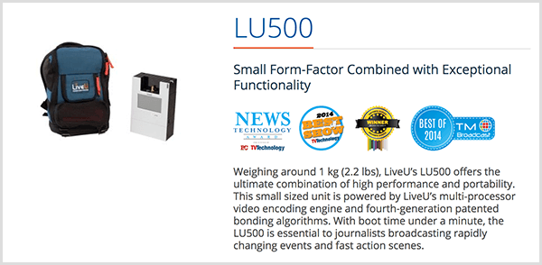 Luria Petrucci använder LU500-ryggsäcken för att strömma live irl-videor på Twitch. På LiveU: s försäljningssida står att denna strömmande enhet har liten formfaktor kombinerad med exceptionell funktionalitet. Flera produktutmärkelser visas under denna beskrivning.