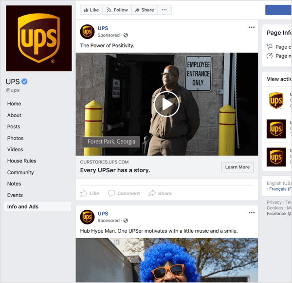 Om du tittar på Facebook-annonser från UPS är det tydligt att de använder berättande och känslomässig tilltalande för att bygga varumärkesmedvetenhet.